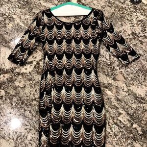 Gold, Black Sequin Striped Dress with Open Back
